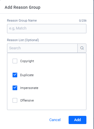 Configure Report Reason Group form