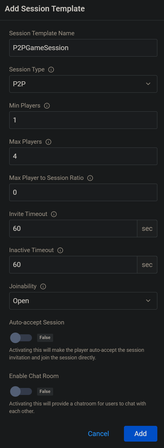 Image shows setting the session type to P2P